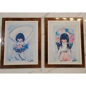Pair Of Vintage De Grazia Laminated  On Wood Prints Flower Boy + Girl MCM Retro